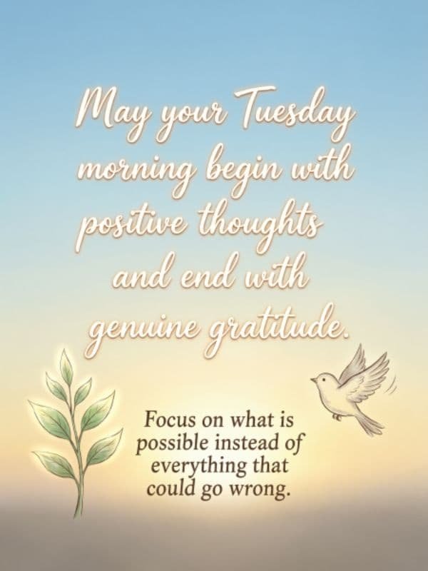 Positive Tuesday morning quote with a bird and green leaves illustration: 'May your Tuesday morning begin with positive thoughts and end with genuine gratitude.