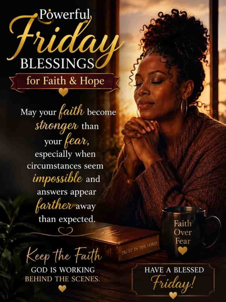Powerful African American Spiritual Friday Blessings for Faith & Hope featuring a praying Black woman beside a Bible and a “Faith Over Fear” mug, with an uplifting message about trusting God when circumstances seem impossible.