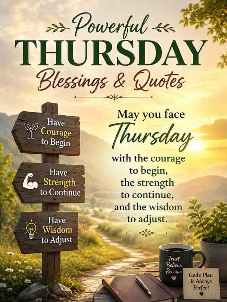 Powerful Thursday blessings and quotes image with sunrise landscape, wooden signposts, coffee cup, and motivational message about courage, strength, and wisdom.