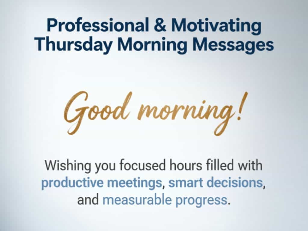 Professional and motivating Thursday morning message wishing a productive day with focused hours, smart decisions, successful meetings, and measurable progress.