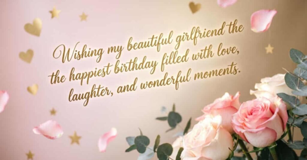 Quick birthday wishes for a girlfriend with a romantic message, pink roses, heart decorations, and falling rose petals.