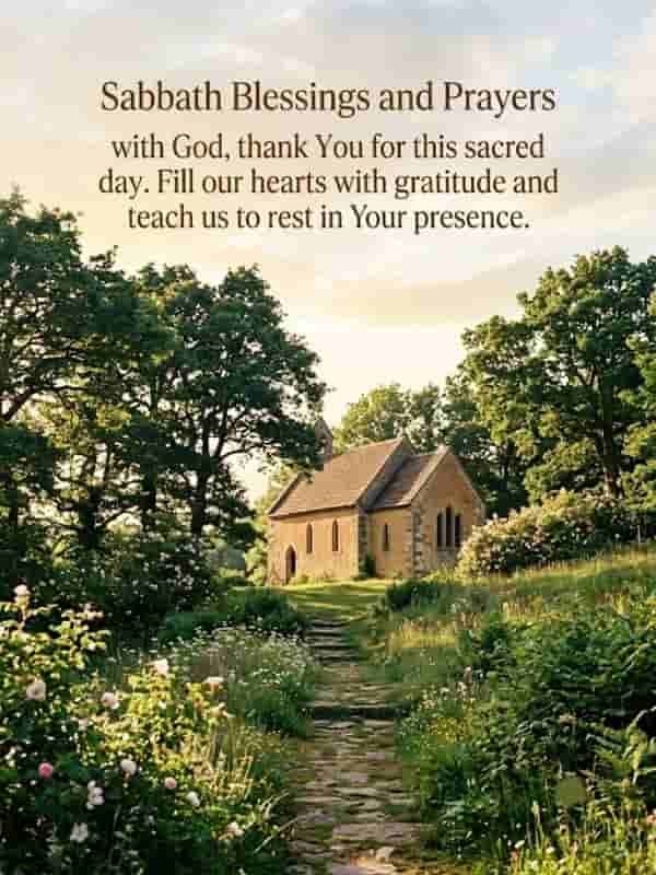 Beautiful countryside stone chapel surrounded by lush green trees and wildflowers under a warm, glowing sky, featuring the text "Sabbath Blessings and Prayers with God, thank You for this sacred day. Fill our hearts with gratitude and teach us to rest in Your presence.