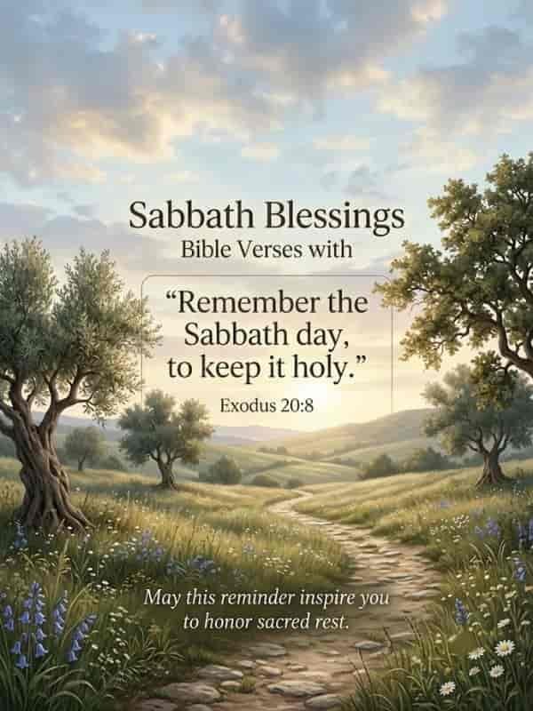 A serene landscape card with olive trees and a stone path featuring the text "Sabbath Blessings" and Exodus 20:8 Bible verse about keeping the Sabbath day holy.