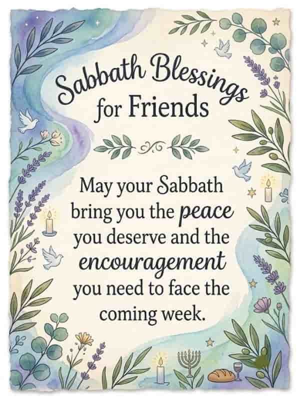 Sabbath Blessings for Friends greeting card featuring a soft watercolor design with olive branches, lavender, white doves, and candles around a central blessing text.