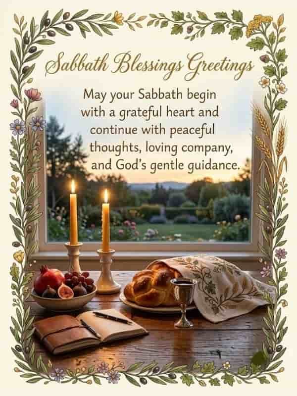 Sabbath Blessings card featuring a serene window view with two lit candles, braided challah bread, wine, fresh fruit, and an open journal, framed by floral illustrations with the text "Sabbath Blessings Greetings - May your Sabbath begin with a grateful heart