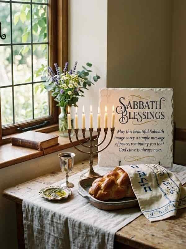 Warm Sabbath Blessings image featuring lit candles, braided challah, a kiddush cup, and an inspirational quote about God's love and peace.