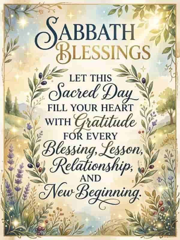 Watercolor Sabbath Blessings graphic with olive branches, lavender, and nature motif featuring the quote: Sabbath Blessings. Let this sacred day fill your heart with gratitude for every blessing, lesson, relationship, and new beginning.