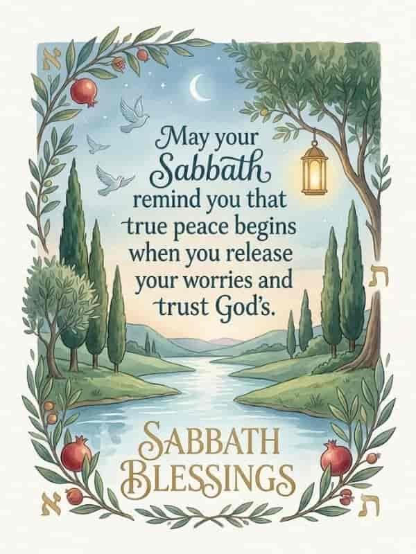 Sabbath Blessings watercolor illustration with nature landscape and inspirational quote about peace and trust in God.