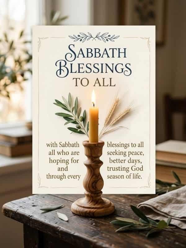Sabbath Blessings card featuring a lit candle in a wooden candlestick, olive branch, and wheat stalks on a rustic table.