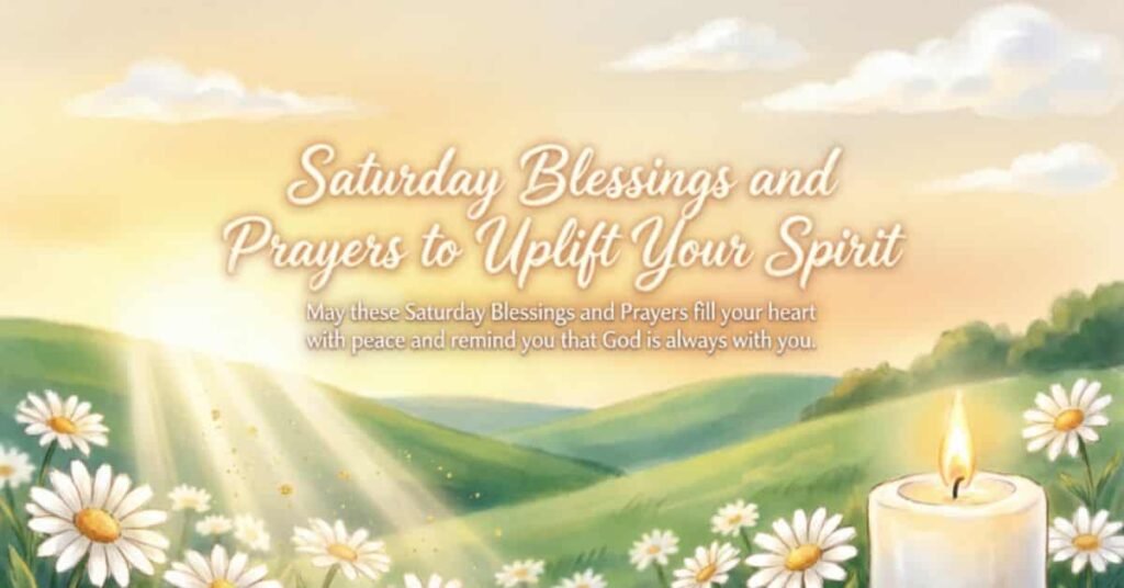 Saturday Blessings and Prayers to Uplift Your Spirit featuring a peaceful sunrise over green hills, white daisies, and a glowing candle with the message: 'May these Saturday Blessings and Prayers fill your heart with peace and remind you that God is always with you.
