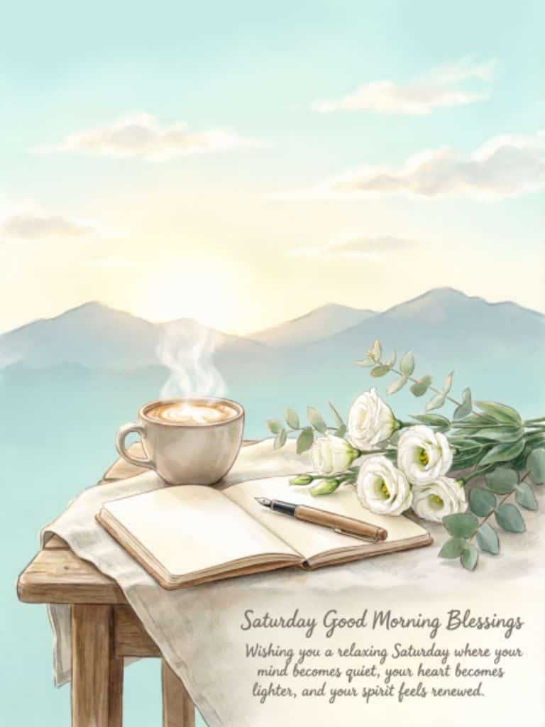 Saturday Good Morning Blessings image with a steaming cup of coffee, open journal, pen, white flowers, and peaceful mountain scenery, wishing for a relaxing and renewing Saturday.