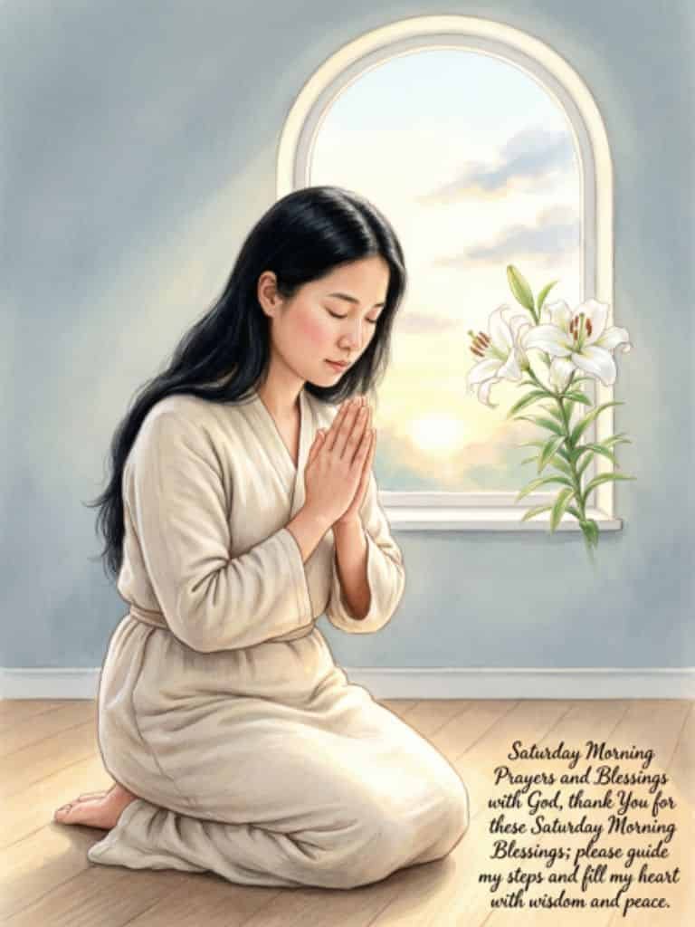 Saturday morning prayers and blessings image of a woman kneeling in prayer by a window, with white lilies and a message asking God for guidance, wisdom, and peace.