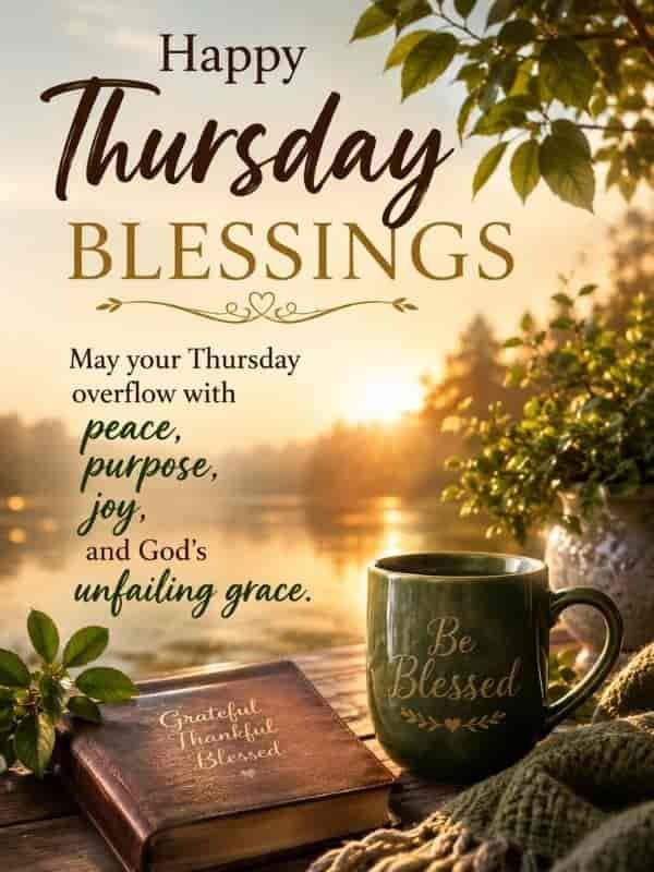 Short African American Thursday blessings graphic with a peaceful lakeside sunrise, greenery, a blessed mug, and a gratitude journal, featuring a message about peace, purpose, joy, and God’s unfailing grace.