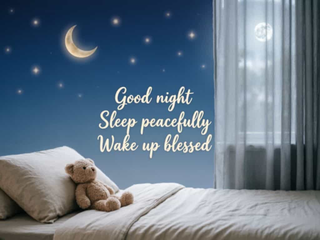 Short good night blessing with a teddy bear on a cozy bed, crescent moon, stars, and a peaceful sleep message