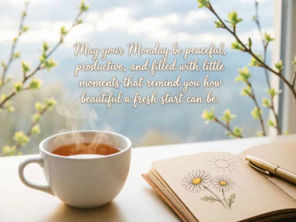 Short Monday blessings and quotes with a cup of hot tea, open notebook, and flowers by a window