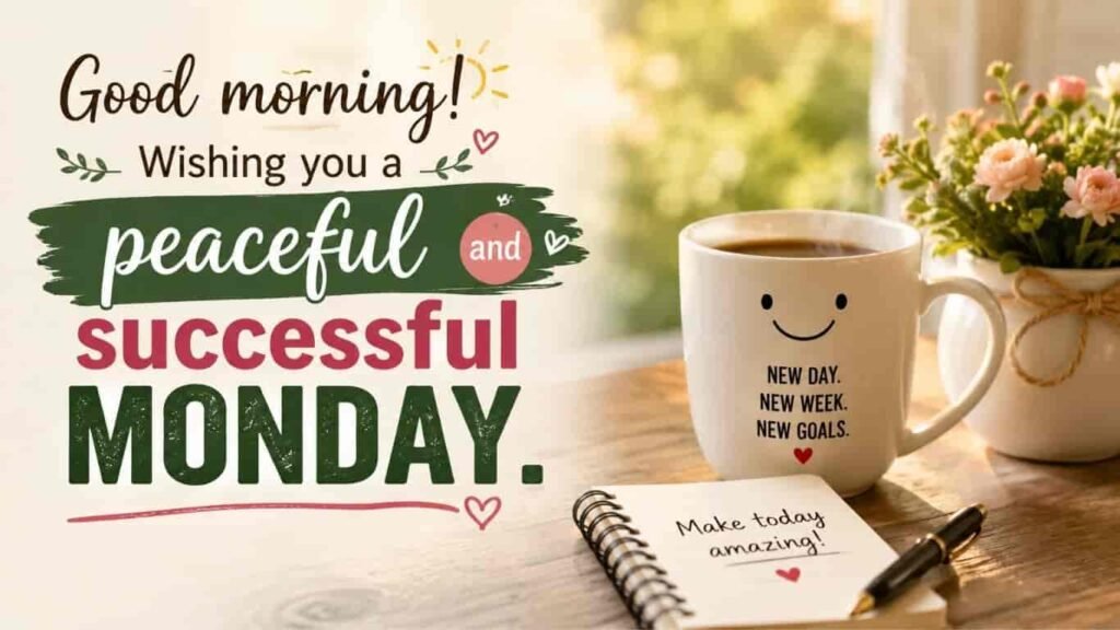Good morning wishing you a peaceful and successful Monday image featuring a smiley face coffee mug, an open notebook with 'Make today amazing' text, and a potted plant