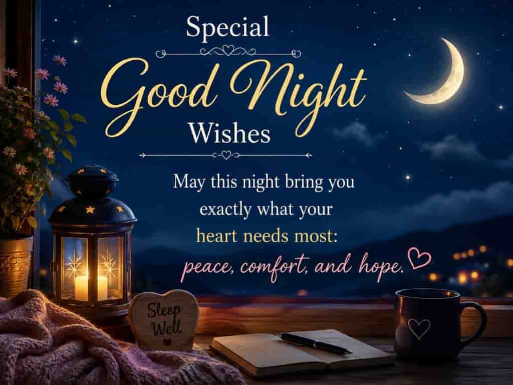 Special good night wishes with a crescent moon, candle lantern, cozy blanket, coffee cup, and a message of peace, comfort, and hope