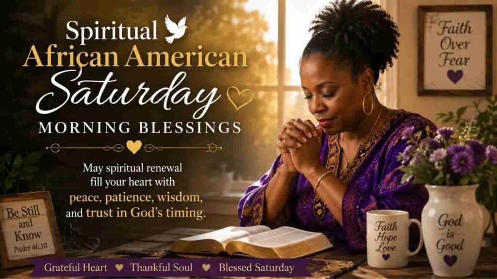 Spiritual African American Saturday morning blessings image featuring a Black woman praying beside an open Bible in warm morning light, with a message about spiritual renewal, peace, patience, wisdom, and trusting God’s timing.