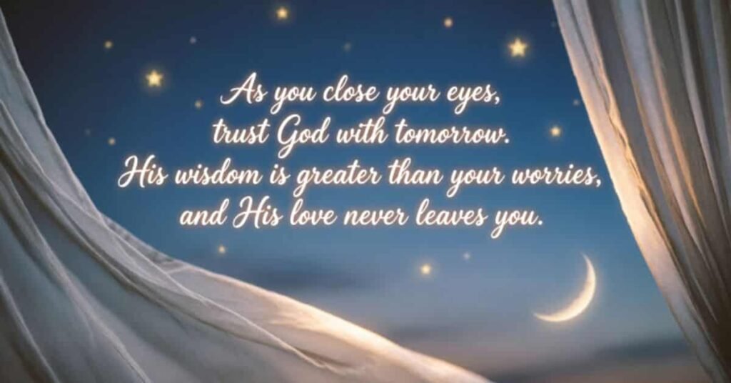 Spiritual good night blessing with a crescent moon and glowing stars, featuring a message about trusting God, finding peace, and remembering His constant love.