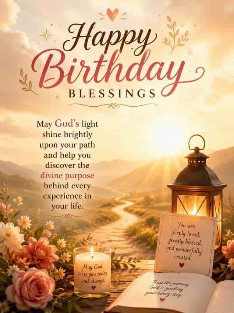 Spiritual happy birthday blessings image with a glowing sunrise, peaceful mountain path, flowers, lantern, candle, and a message asking God’s light to guide the path and reveal divine purpose.