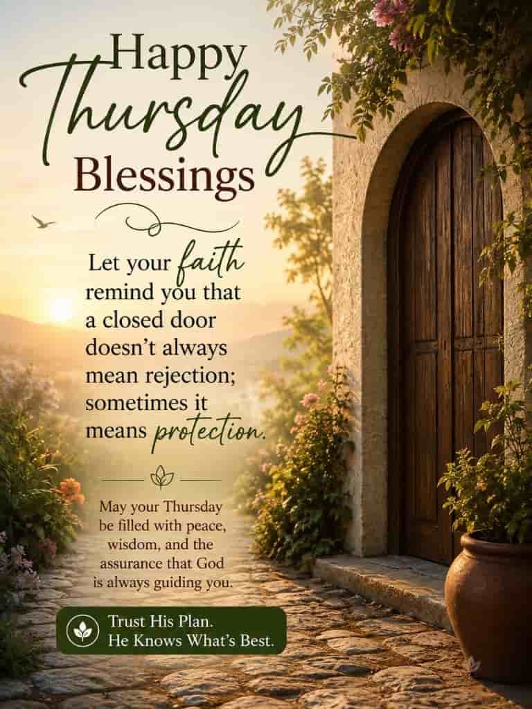 Happy Thursday blessings image with a rustic doorway and garden path at sunrise, featuring a spiritual quote about faith, protection, and trusting God’s plan.