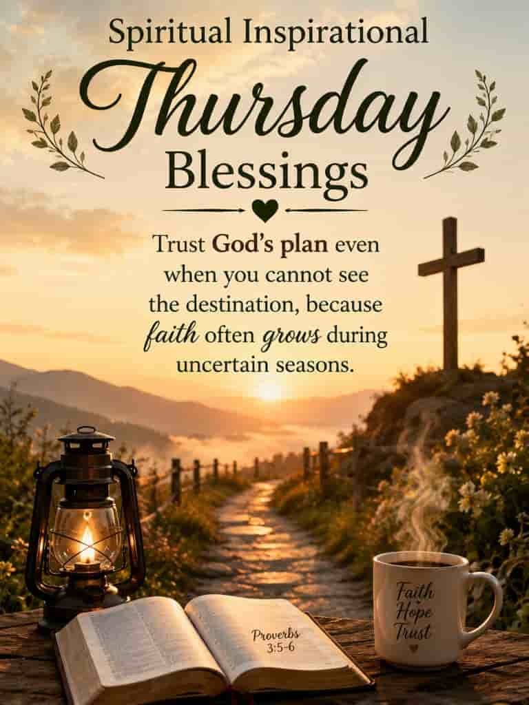 Spiritual inspirational Thursday blessings image with sunrise path, cross on hill, Bible, lantern, and coffee mug, featuring a faith-based quote about trusting God’s plan and growing through uncertainty.