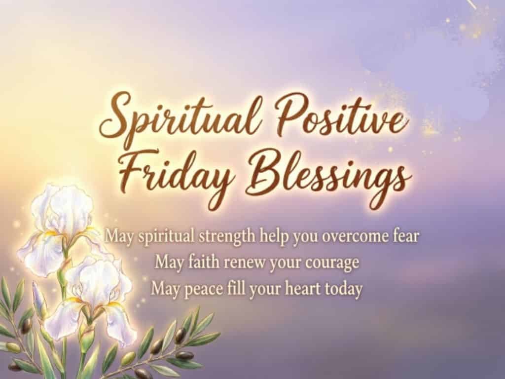 Spiritual positive Friday blessings with words of faith, courage, peace, and spiritual strength, decorated with white flowers and olive branches.