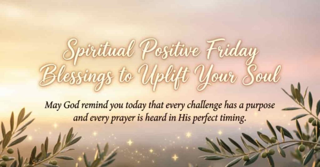 Spiritual Positive Friday blessings image with olive branches, glowing stars, and a soft pastel background, featuring the message, “May God remind you today that every challenge has a purpose and every prayer is heard in His perfect timing.