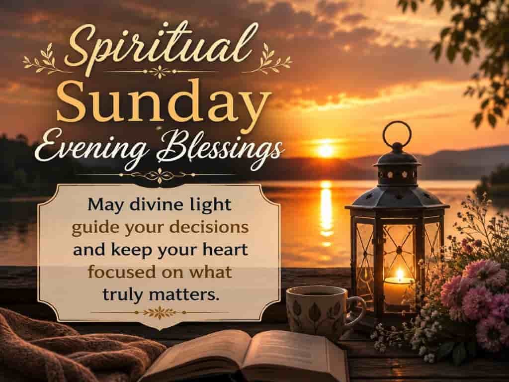 Spiritual Sunday evening blessings with a peaceful sunset over a lake, glowing lantern, open Bible, flowers, and a message about divine guidance and renewed faith.