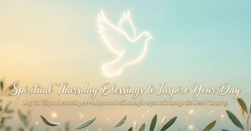 Spiritual Thursday blessings image featuring a glowing white dove, soft sunrise colors, and an uplifting message asking God to fill your heart with peace and your soul with strength.