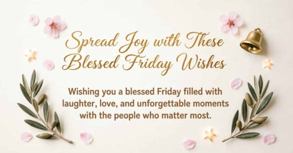 Blessed Friday wishes image with olive branches, pink flowers, a golden bell, and the message, “Wishing you a blessed Friday filled with laughter, love, and unforgettable moments with the people who matter most.