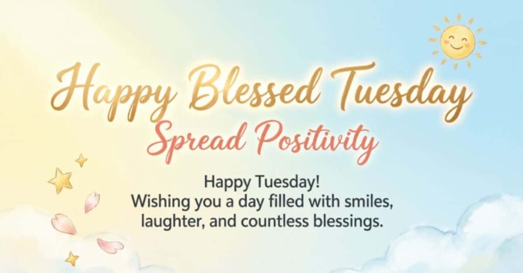 Happy Blessed Tuesday image with a bright blue sky, sunshine, smiling sun, clouds, stars, and flower petals, featuring an uplifting message to spread positivity, smiles, laughter, and countless blessings.