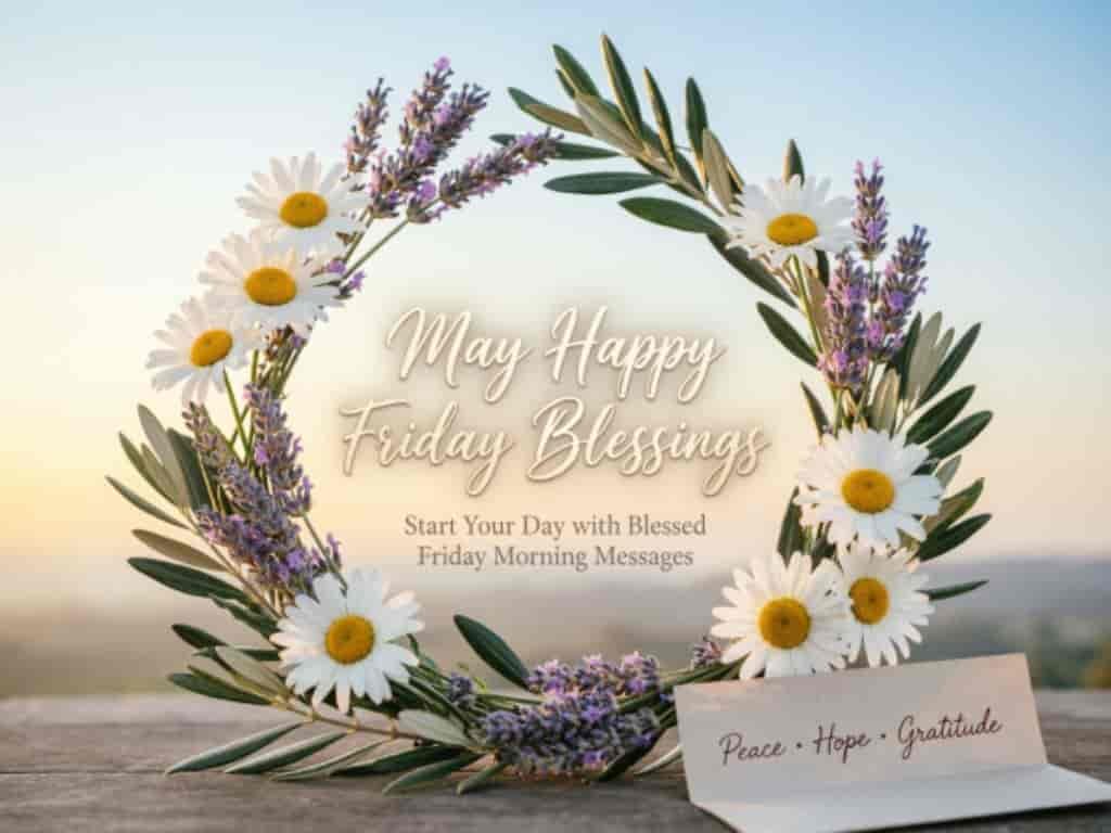 Happy Friday blessing with a floral wreath, daisies, lavender, olive leaves, and a message for a blessed Friday morning.