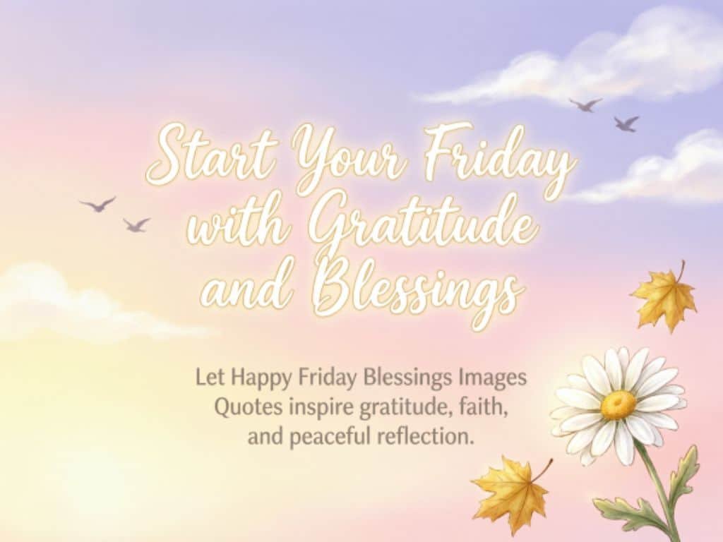 Start your Friday with gratitude and blessings, featuring a peaceful pastel sky, flying birds, daisies, and autumn leaves with an inspirational Friday message.