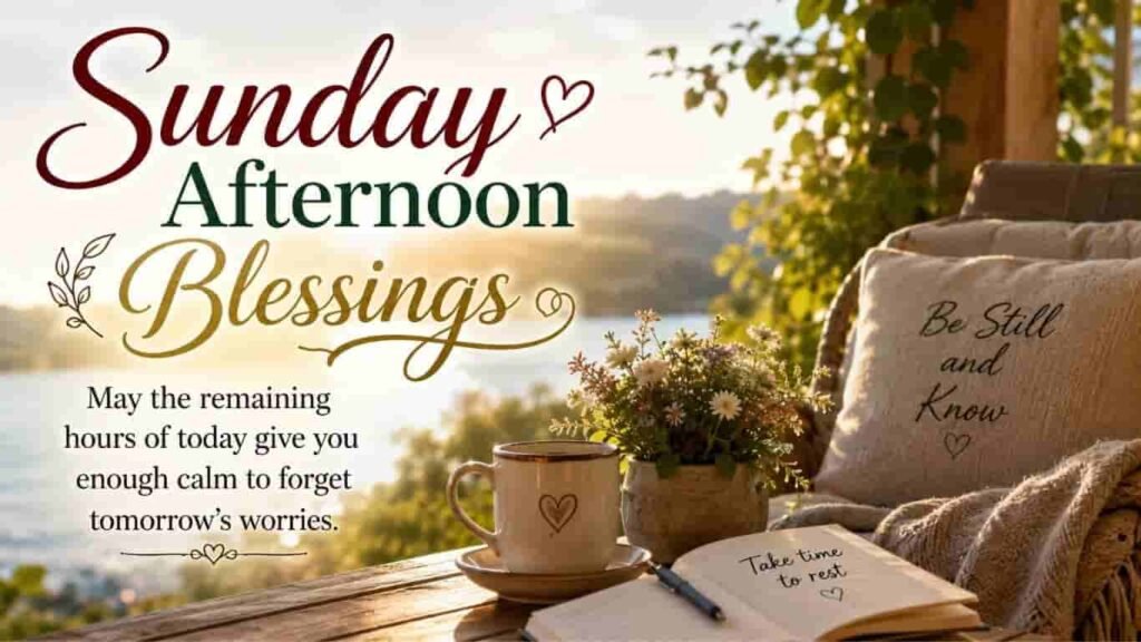 Sunday afternoon blessings greeting card with calming quote, coffee cup, open journal, and a scenic outdoor view