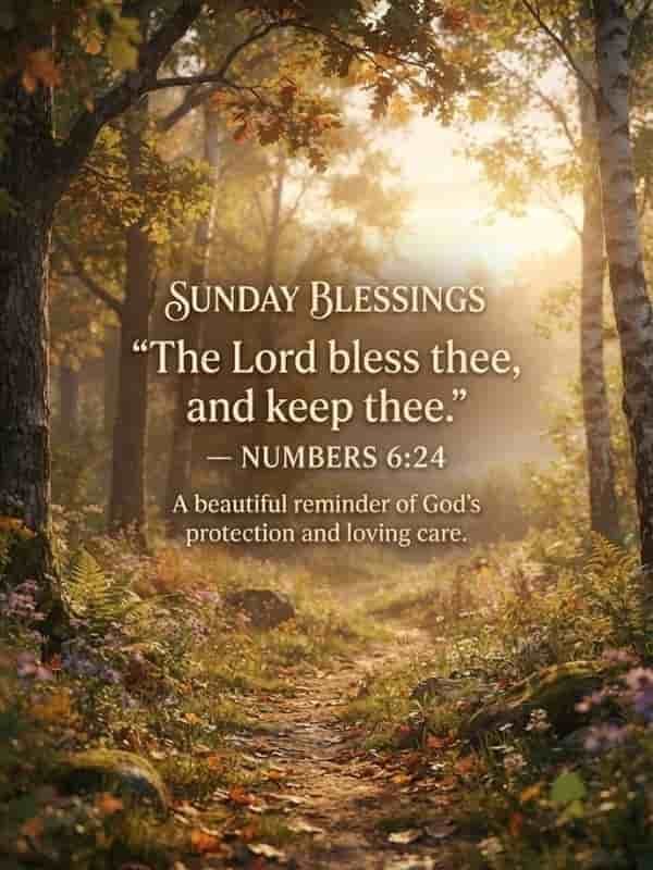 Sunday Blessings quote image featuring Numbers 6:24 set against a serene forest path bathed in warm morning light.