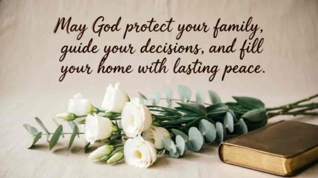 Christian blessing quote card with white flowers and a holy book on a table