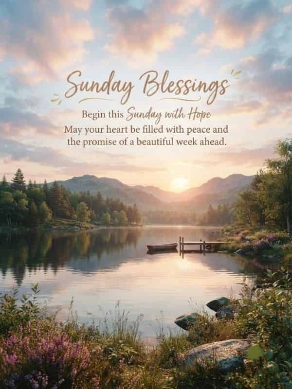 Sunday Blessings image featuring a peaceful sunrise over a calm lake, soft pastel clouds, distant rolling hills, and a small wooden dock, overlaid with the text "Sunday Blessings. Begin this Sunday with Hope.