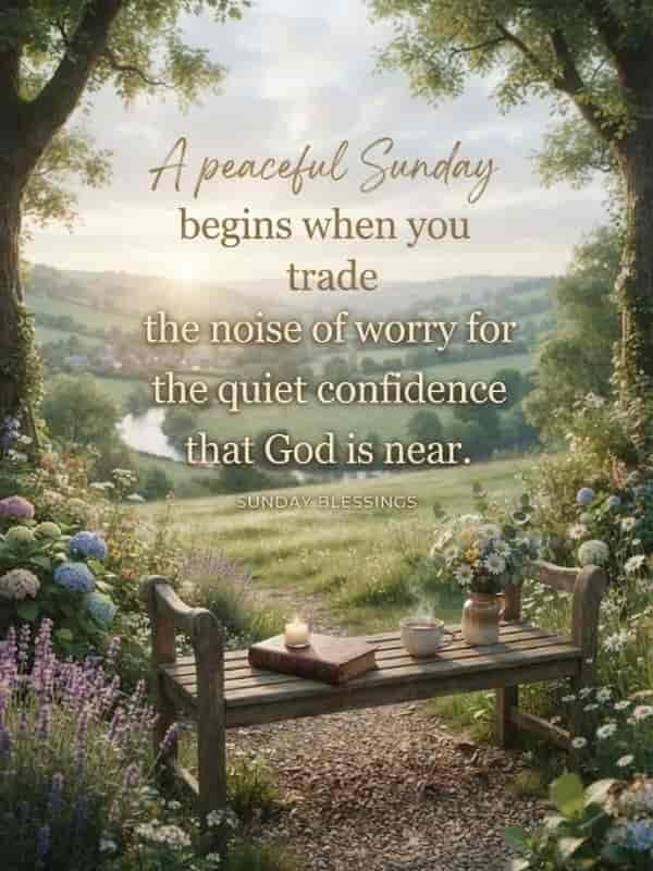 A peaceful Sunday morning landscape with a rustic wooden bench framing a winding river, a lit candle, a book, a cup of coffee, and wildflower bouquets, overlaying the Sunday Blessings quote.