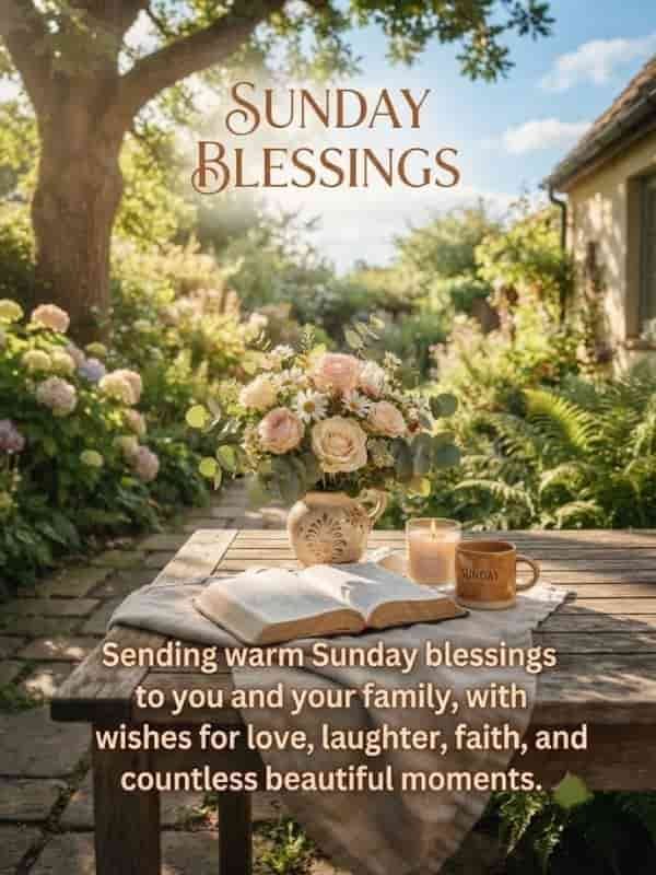 A peaceful Sunday blessings image featuring a wooden table in a garden with a vase of flowers, a lit candle, a coffee mug, and an open book, with text that reads 'Sunday Blessings. Sending warm Sunday blessings to you and your family, with wishes for love, laughter, faith, and countless beautiful moments.