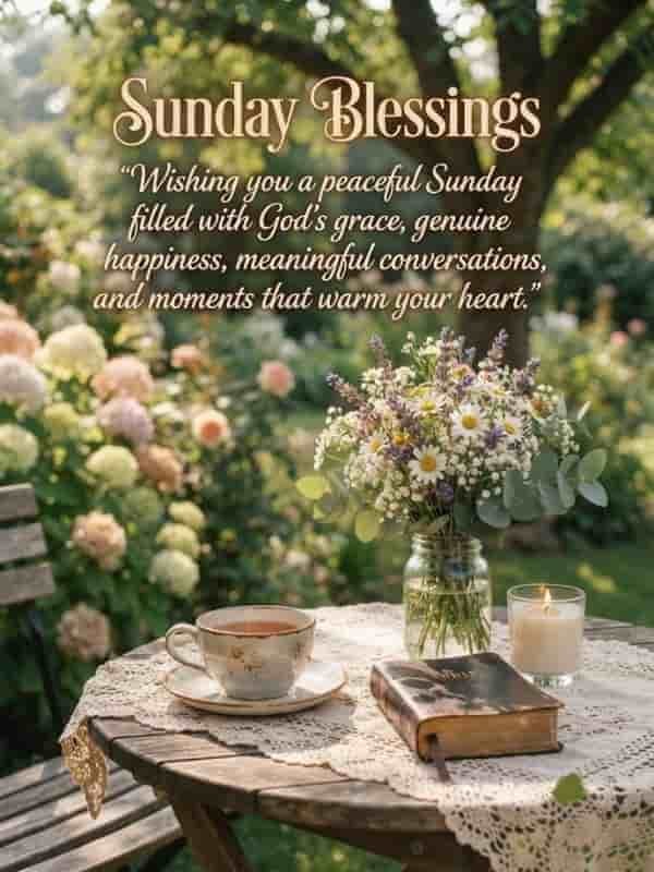 A peaceful Sunday blessings image featuring a wooden garden table with a cup of tea, a glass jar of wildflowers, a lit candle, and the text 'Sunday Blessings: Wishing you a peaceful Sunday filled with God's grace, genuine happiness, meaningful conversations, and moments that warm your heart.