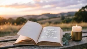 Sunday Good Evening Blessings, Prayers, Quotes and Images with an open book and candle at sunset.