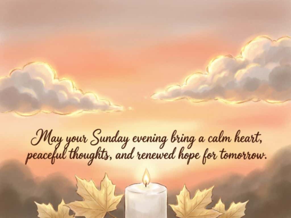 Sunday good evening blessings with a peaceful sunset sky, glowing clouds, autumn leaves, and a candle with a message of calm, peace, and renewed hope.