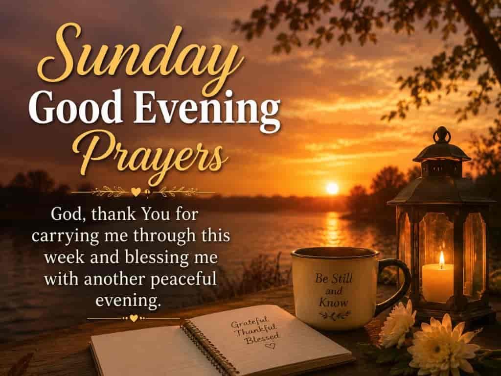 Sunday good evening prayers with a peaceful sunset over a lake, glowing lantern and candle, gratitude journal, and a prayer thanking God for a peaceful evening.