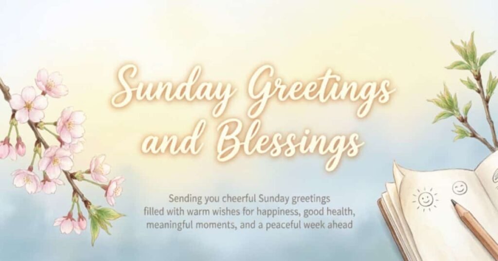 Sunday greetings and blessings image with pink cherry blossoms, green branches, an open notebook, and a message wishing happiness, good health, meaningful moments, and a peaceful week ahead.