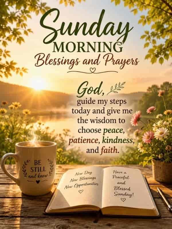 Sunday Morning Blessings and Prayers with a peaceful sunrise, flowers, open journal, and prayer for God’s guidance, wisdom, peace, patience, kindness, and faith.