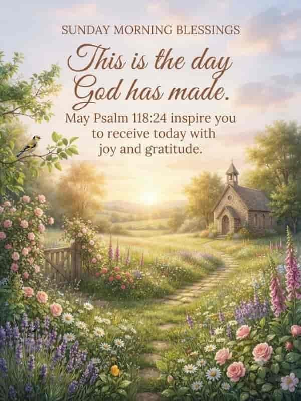 Sunday Morning Blessings text with Psalm 118:24 over a peaceful countryside landscape featuring a stone chapel, blooming flowers, and a sunrise.