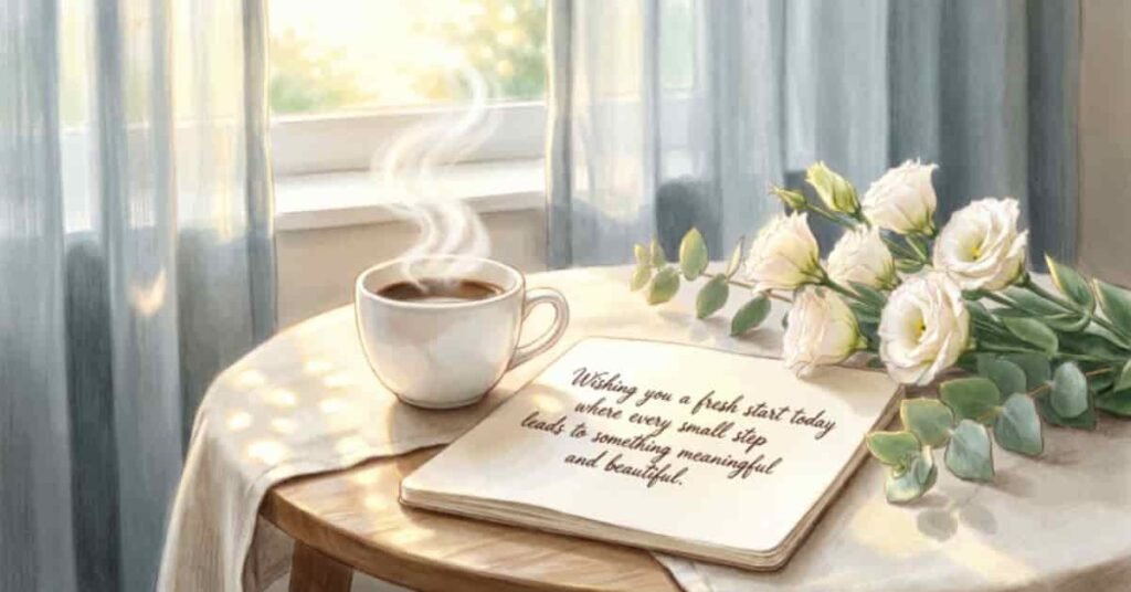 Sunday morning blessings for a fresh start with a steaming coffee cup, white roses, and an open journal beside a sunny window.