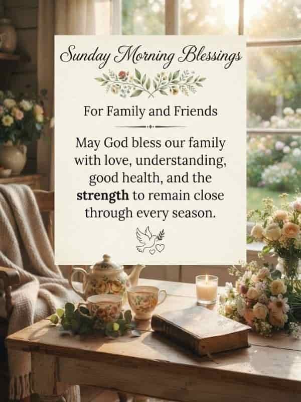A peaceful Sunday morning setting featuring a rustic wooden table with a vintage tea set, a lit candle, floral arrangements, and a central parchment card that reads: 'Sunday Morning Blessings For Family and Friends - May God bless our family with love, understanding, good health, and the strength to remain close through every season.
