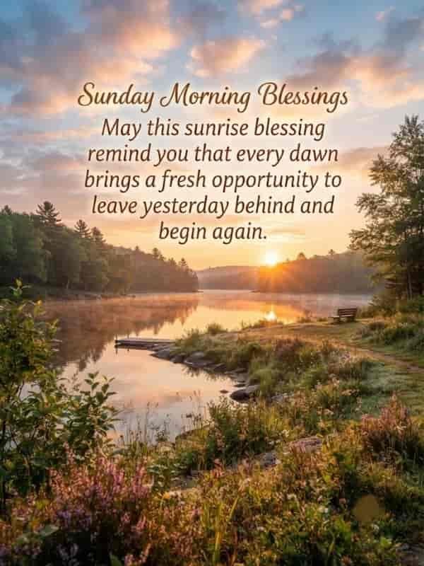 Sunday Morning Blessings image with a serene sunrise over a calm lake, surrounded by peaceful nature, wildflowers, and pine trees, featuring the text: "Sunday Morning Blessings. May this sunrise blessing remind you that every dawn brings a fresh opportunity to leave yesterday behind and begin again.